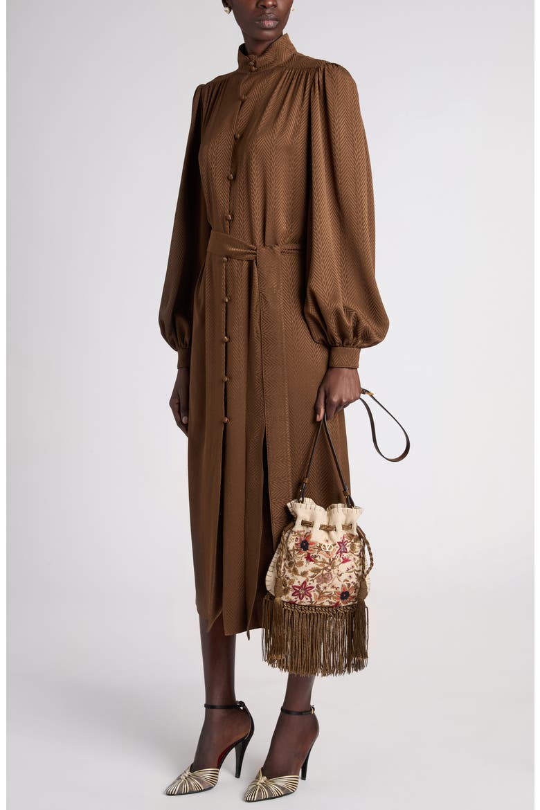 Mossi Jacquard Silk Midi Dress, Alternate, color, BROWN