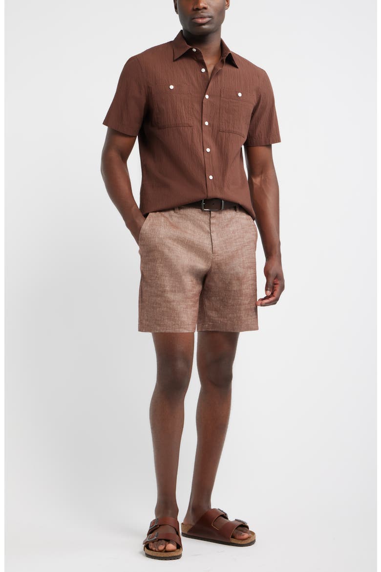 Solid Short Sleeve Cotton Blend Seersucker Button-Up Shirt, Alternate, color, BROWN ROCK
