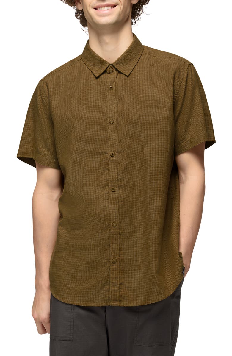 prAna Lindores Hemp Blend Short Sleeve Button-Up Shirt, Main, color, Retro Olive