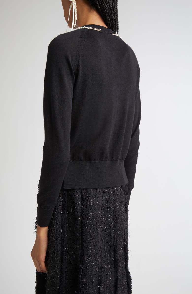 Simone Rocha Classic Long Sleeve Merino Wool & Silk Cardigan with Faux Pearl Detail, Alternate, color, Black/ Pearl
