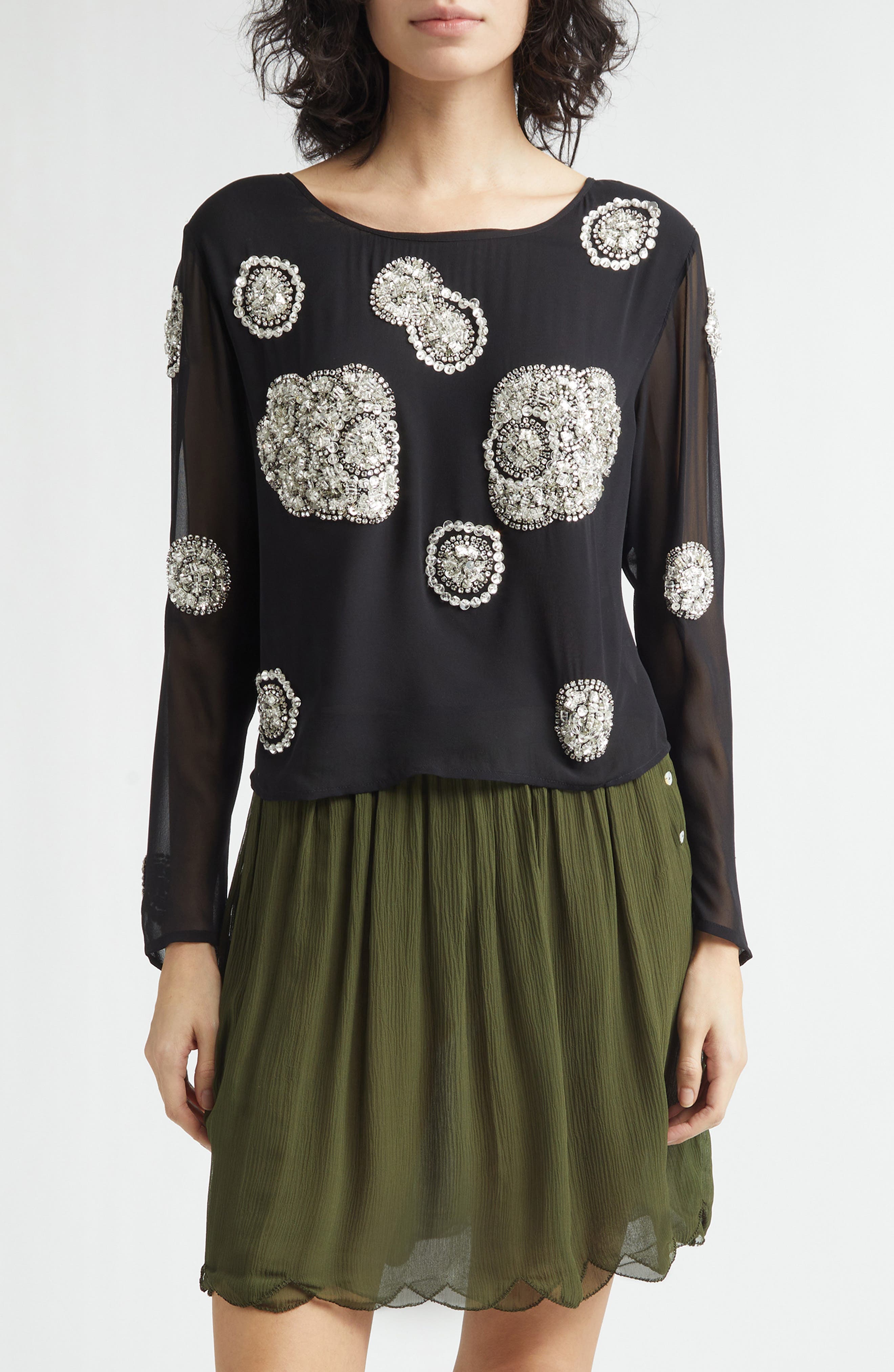 Brooch Crystal Beaded Silk Georgette Top