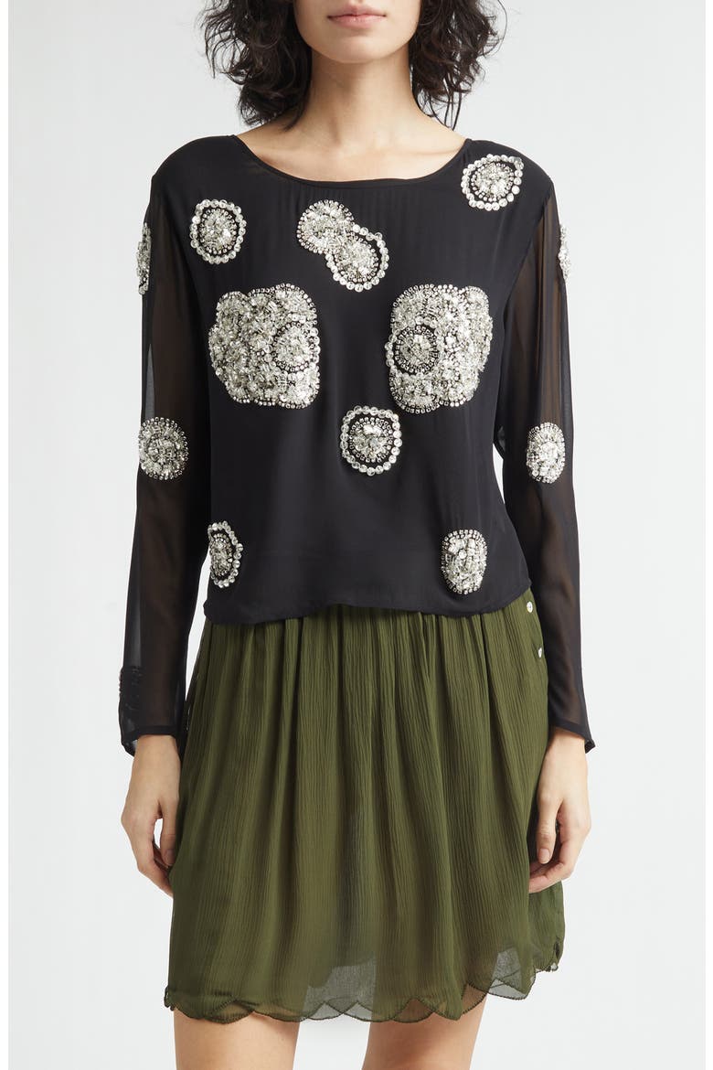 Brooch Crystal Beaded Silk Georgette Top, Main, color, BLACK