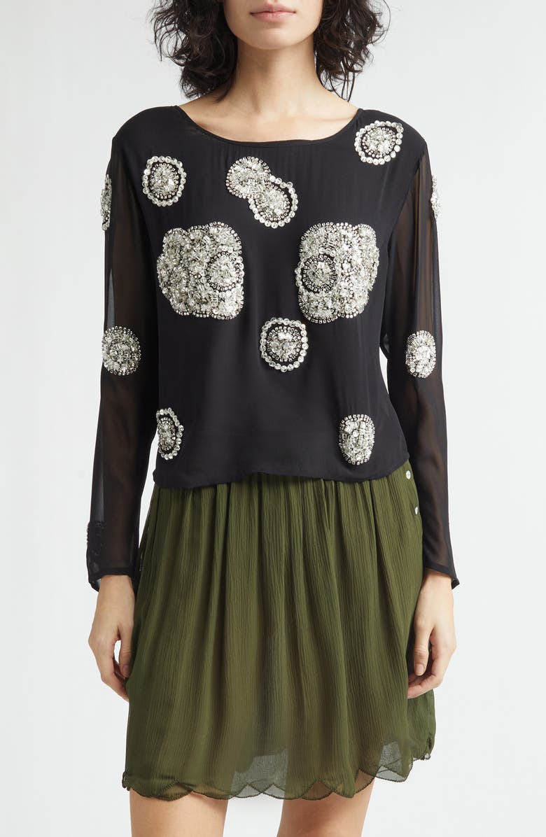 Bode Brooch Crystal Beaded Silk Georgette Top, Main, color, Black