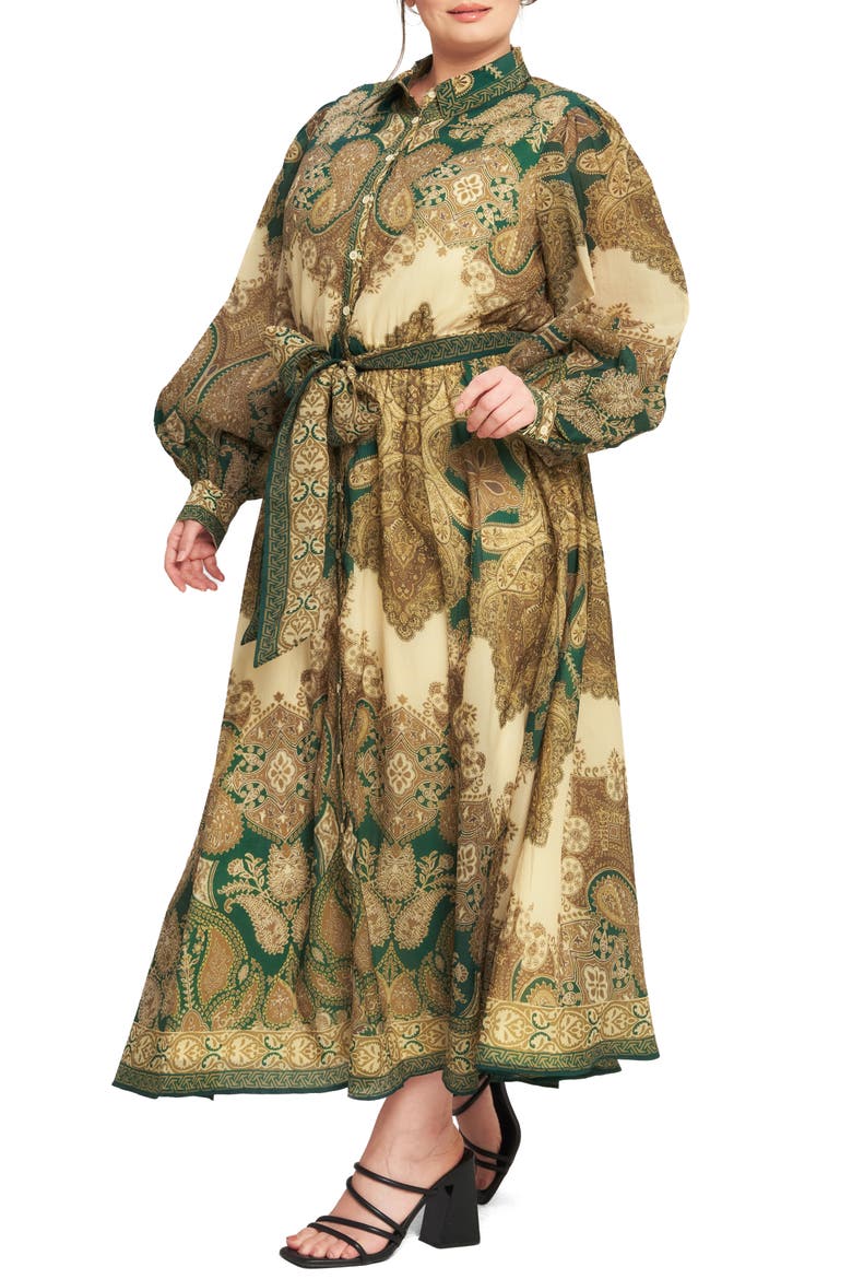 Paisley Long Sleeve A-Line Shirtdress, Alternate, color, IVORY GREEN