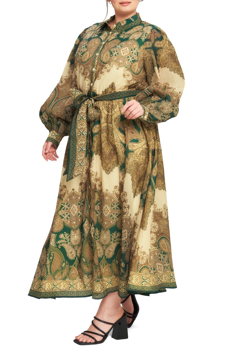 FLYING TOMATO Paisley Long Sleeve A-Line Shirtdress, Alternate, color, Ivory Green