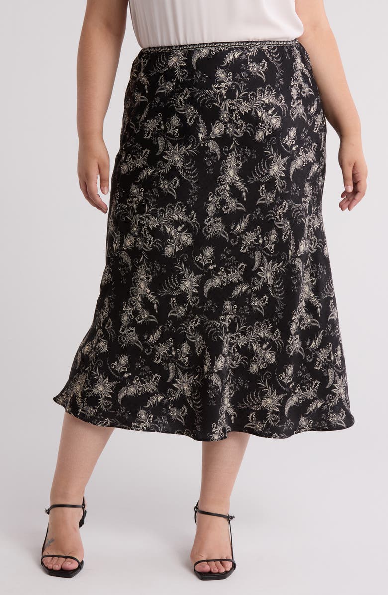 MAX STUDIO Bias Satin Midi Skirt, Main, color, Black Cream Waving Paisley