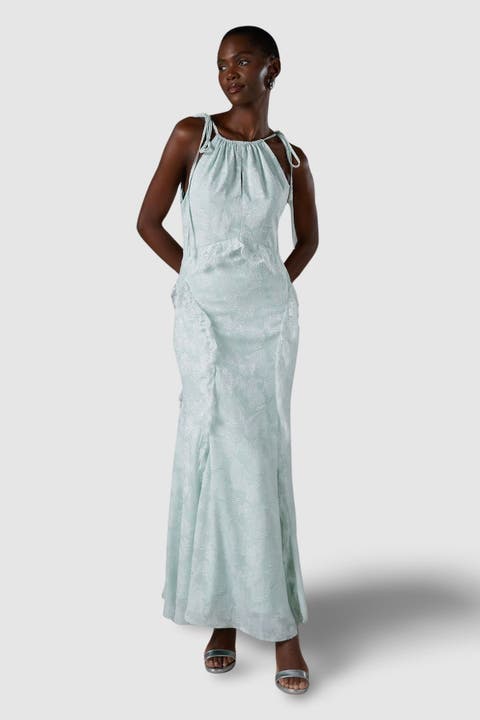 Jacquard Halter Neck Frill Maxi Dress