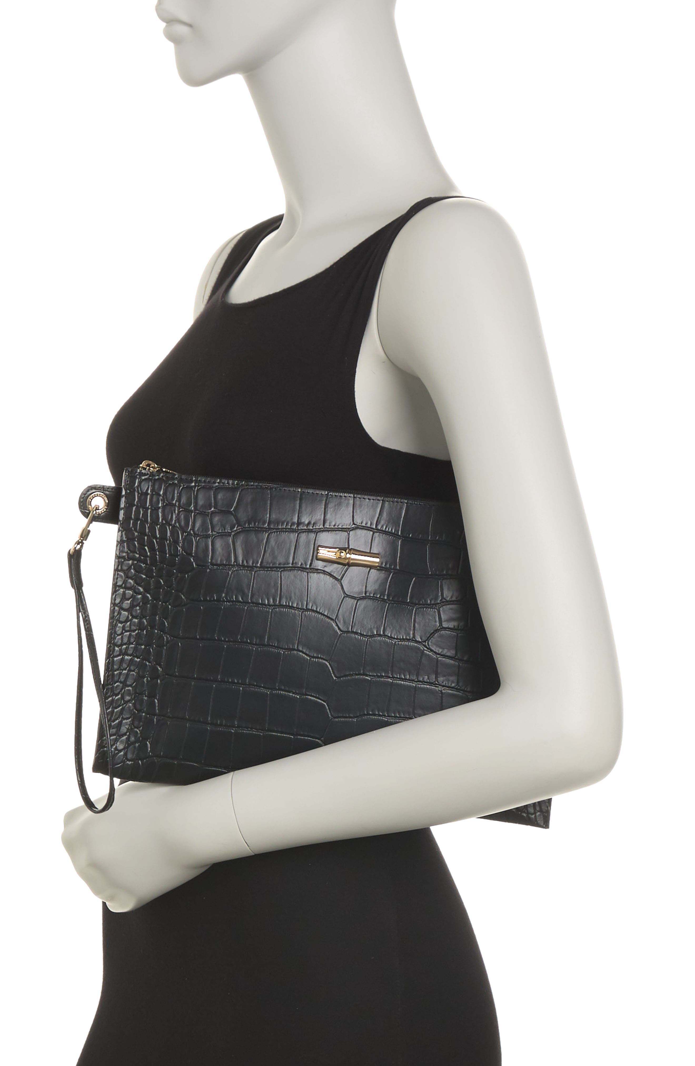 Croc Embossed Leather Wristlet, Alternate, color, BLACK