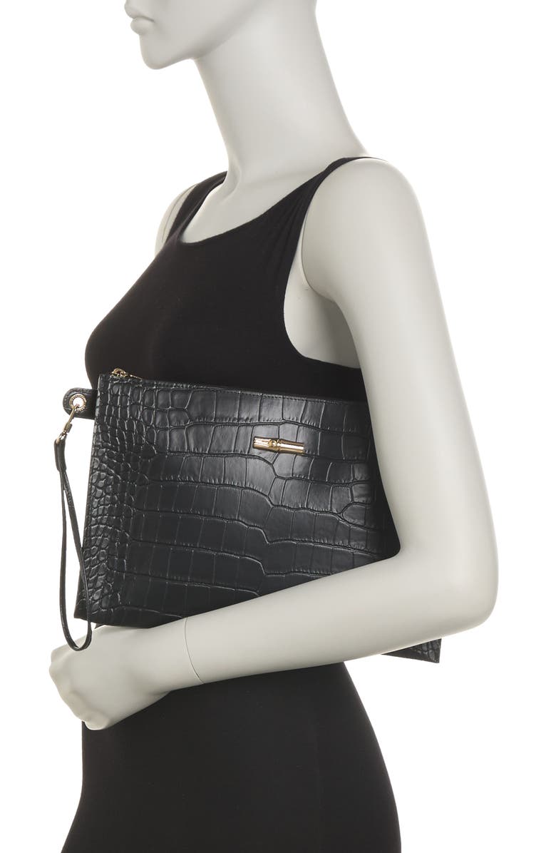 Longchamp Croc Embossed Leather Wristlet, Alternate, color, Black
