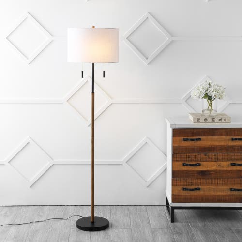 Jonathan Y Maude 61" Rustic Farmhouse Iron Candlestick Pull Chains Led Floor Lamp, Brown Wood Finish/black In Brown Wood Finish/black
