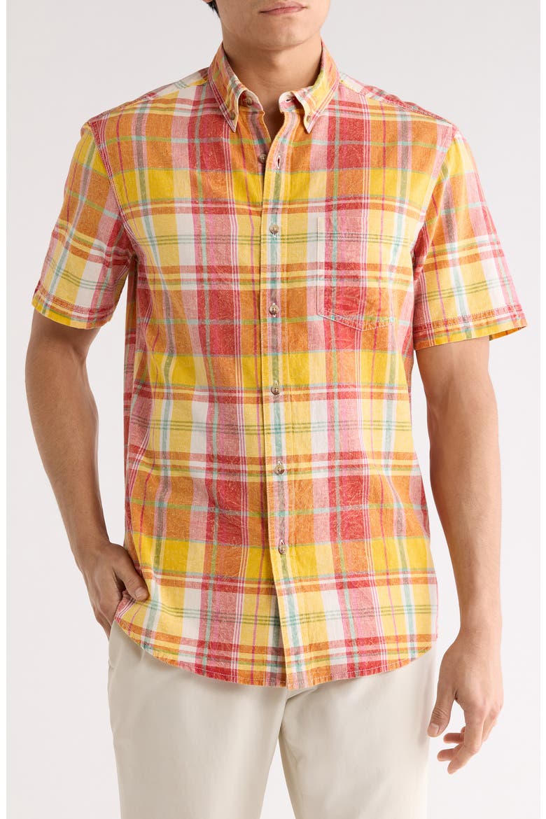 Madras Short Sleeve Button-Down Shirt, Main, color, RED