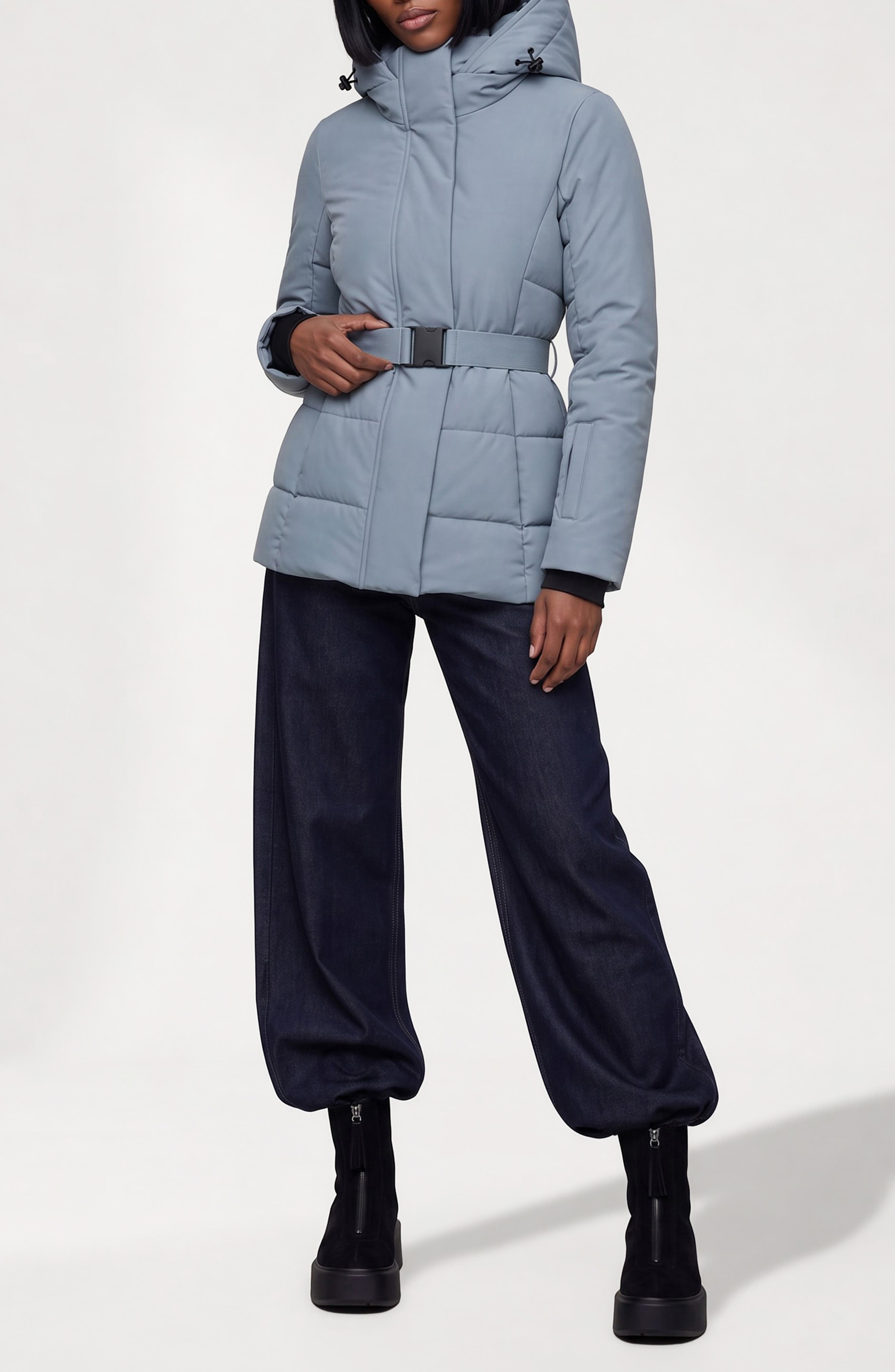 Noize Blanca Hooded Belted Puffer Coat In Blue Haze