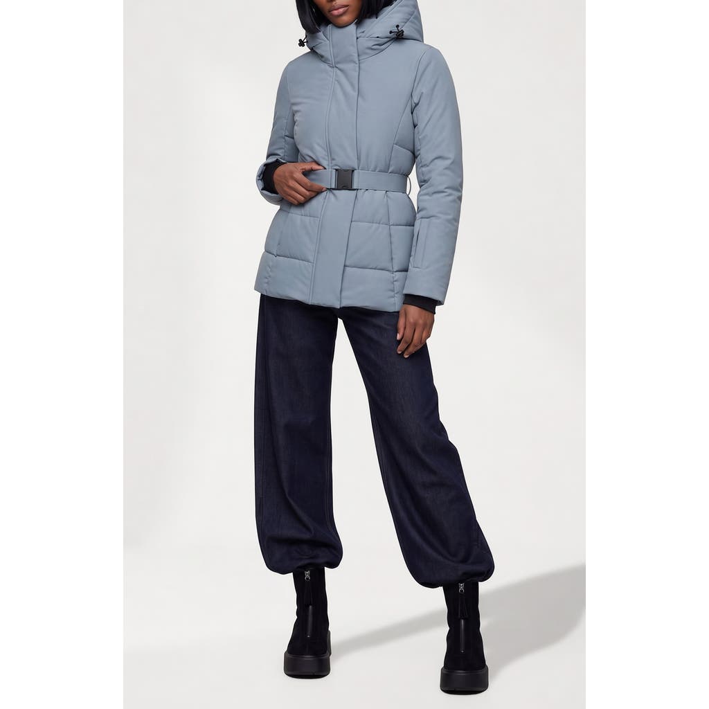 Noize Blanca Hooded Belted Puffer Coat In Blue Haze