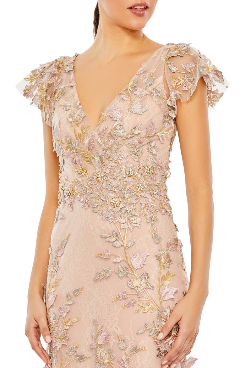 Embroidered Applique Wrap Over Flutter Sleeve Gown, Alternate, color, ROSE GOLD