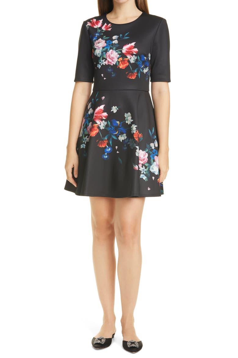 Zalena Floral Fit & Flare Dress, Main, color, BLACK