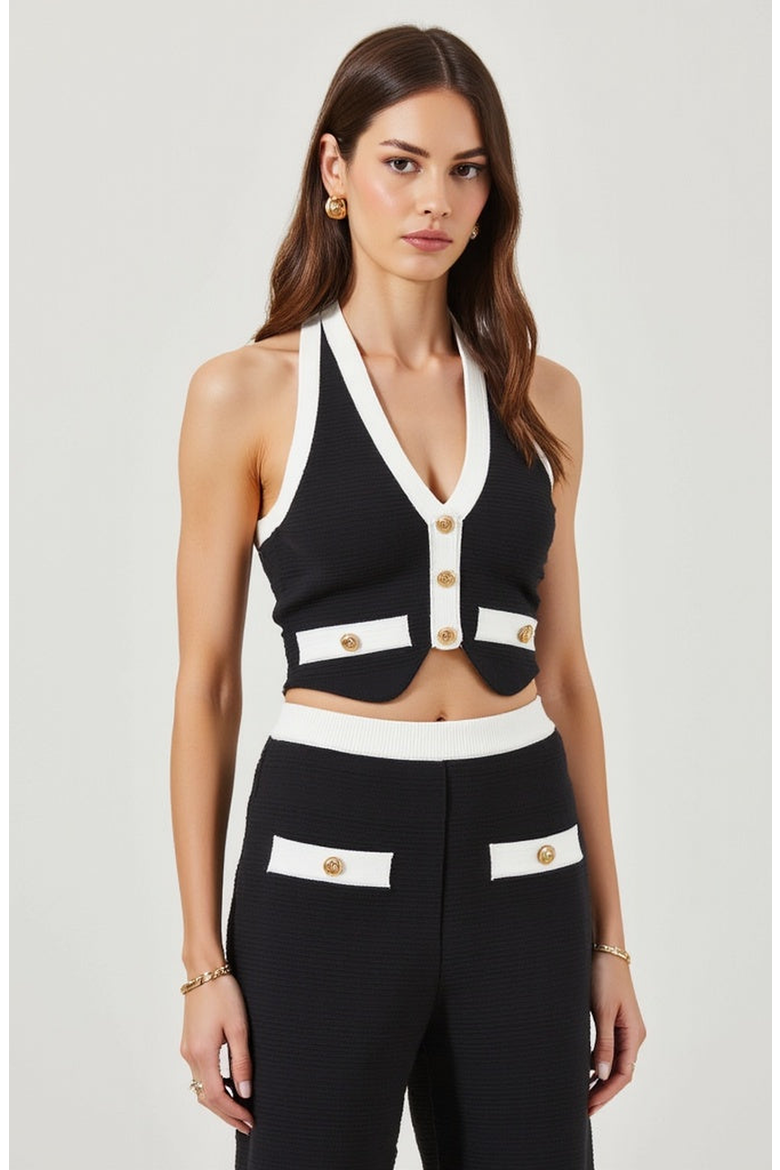 Two-Piece Halter Crop Top and Wide-Leg Pant Set, Alternate, color, Black / White Trim