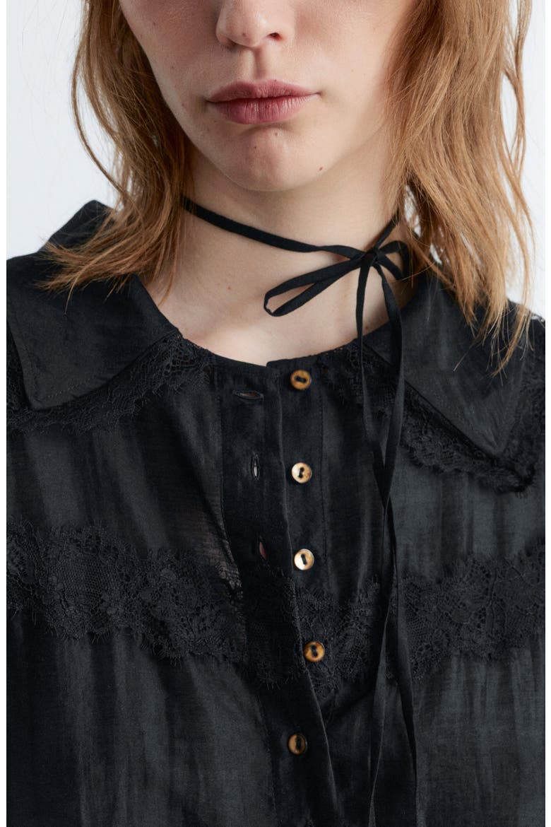 Lace Trim Button-Up Shirt, Alternate, color, BLACK