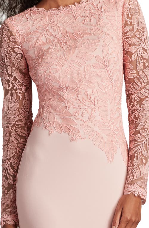 Tadashi Shoji Embroidered Leaf Print Long Sleeve Gown In Adobe Blush