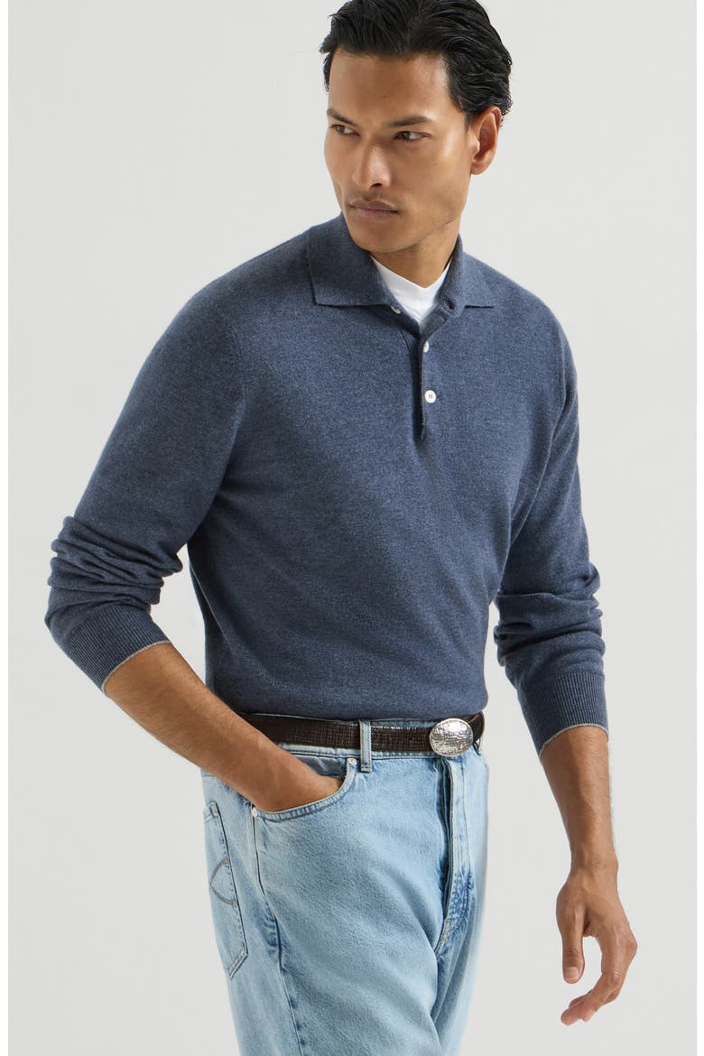 Cashmere knit polo shirt, Alternate, color, Denim