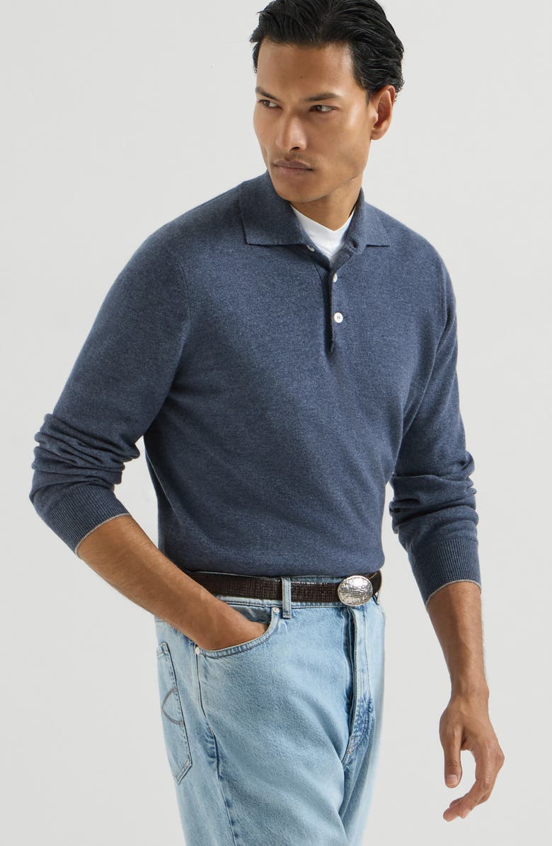 Brunello Cucinelli Cashmere knit polo shirt, Alternate, color, Denim