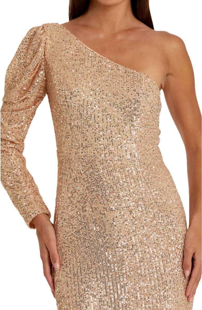 Mac Duggal Sequin Single Puff Long Sleeve One Shoulder Trumpet Gown, Alternate, color, Rose Gold