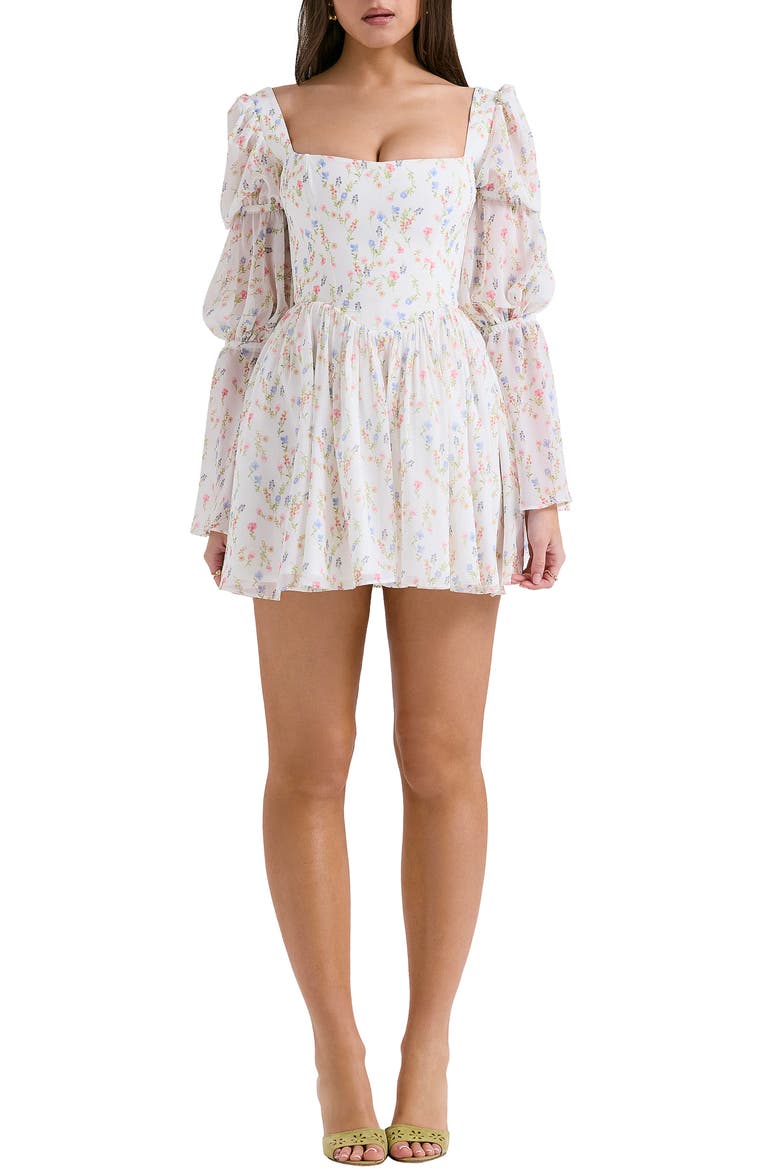 Sancia Floral Print Corset Long Sleeve Minidress, Main, color, WHITE/ PINK FLORAL PRINT