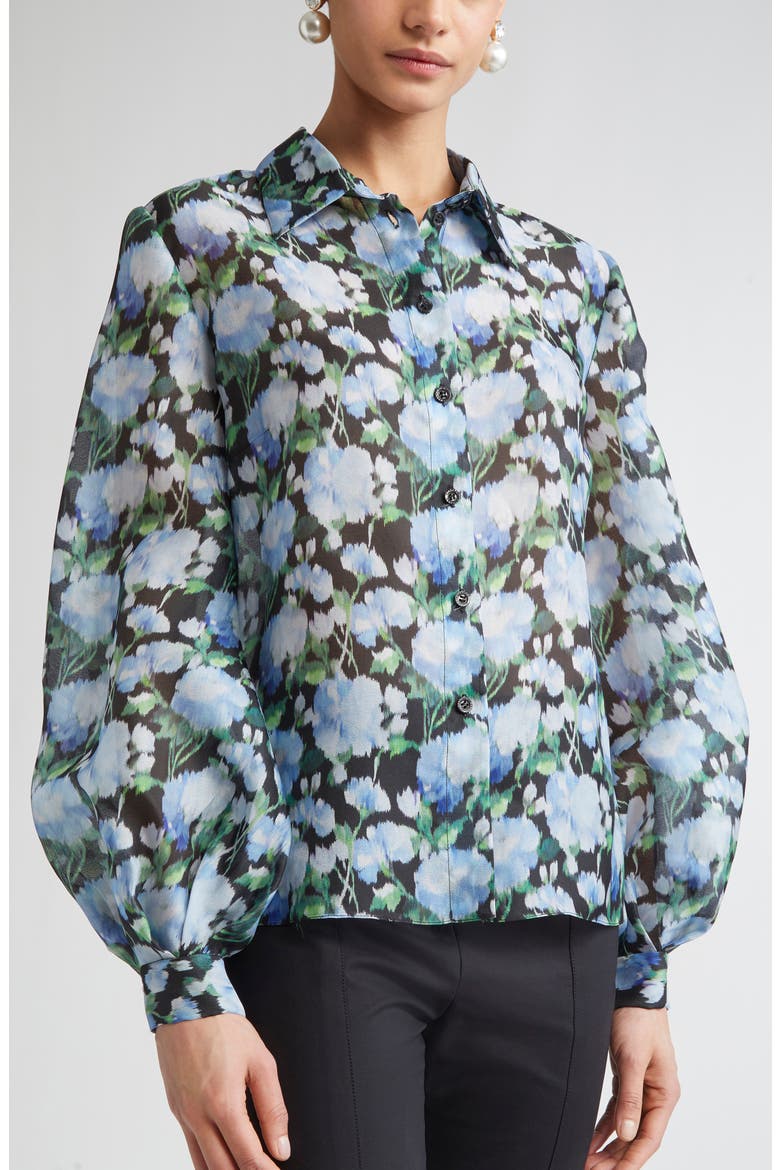 Peony Print Silk Organza Button-Up Shirt, Alternate, color, BLUE MULTI