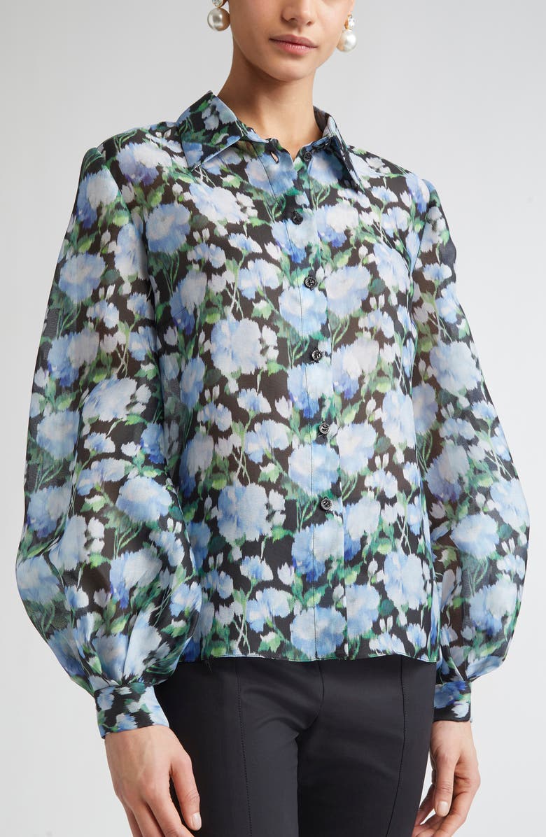 Carolina Herrera Peony Print Silk Organza Button-Up Shirt, Alternate, color, Blue Multi