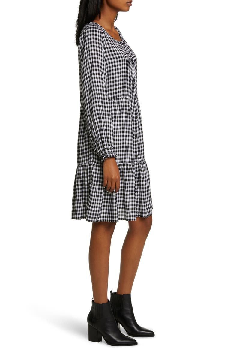 beachlunchlounge Plaid Tiered Long Sleeve Button-Down Dress, Alternate, color, 