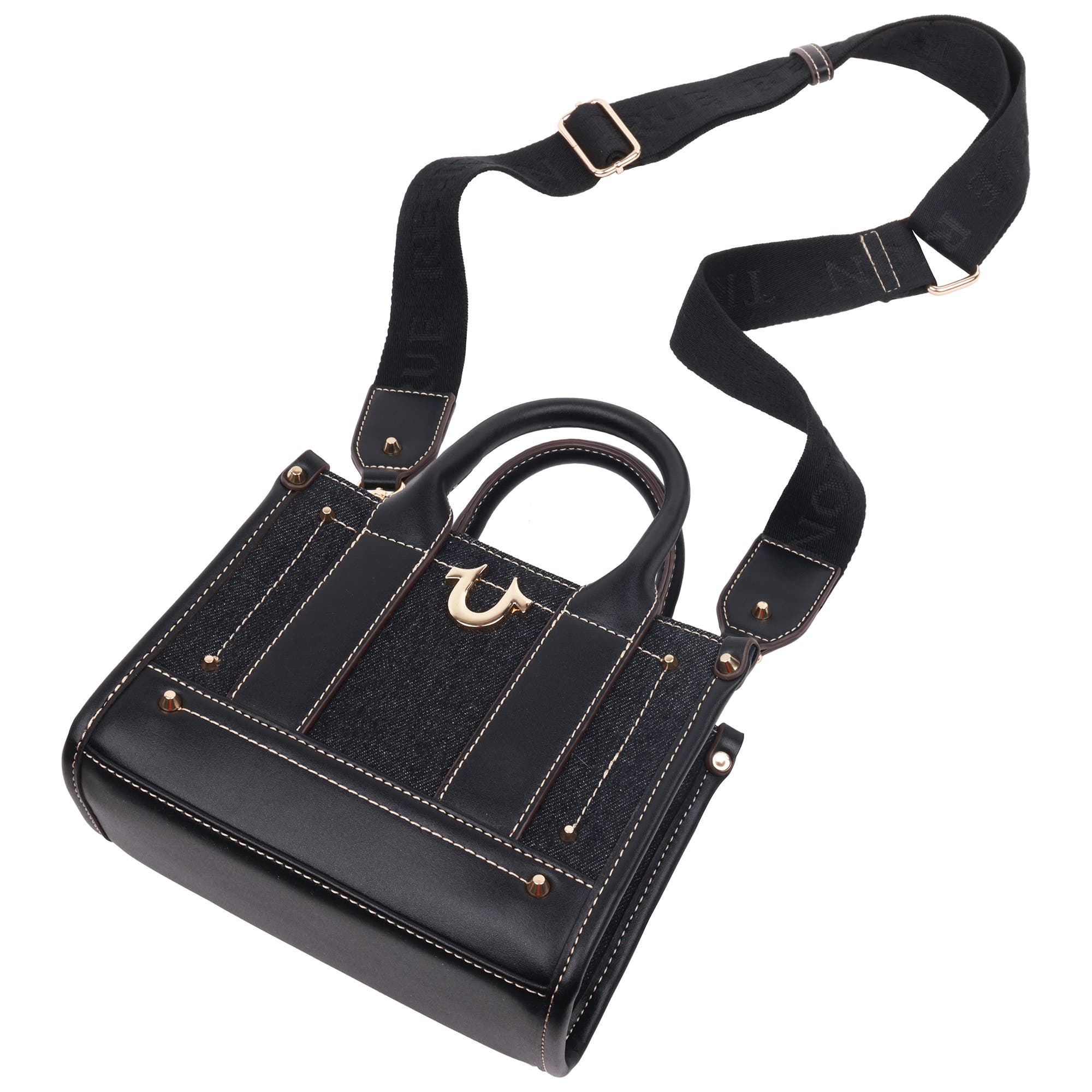 True Religion Denim Logo Strap Mini Tote, Alternate, color, Black