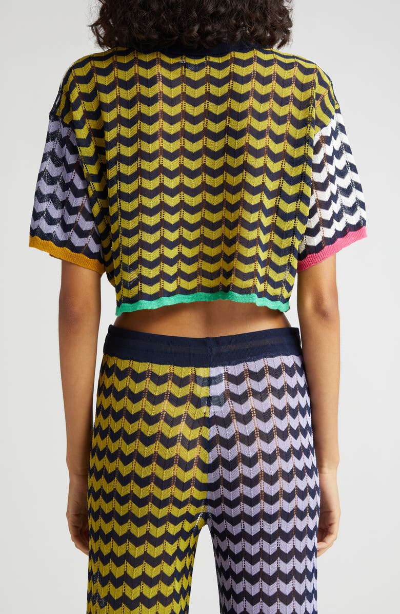 YanYan Tong Short Sleeve Chevron Stripe Pointelle Stitch Cardigan, Alternate, color, 