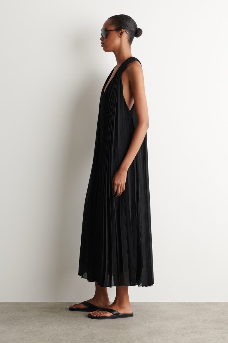 Tie-detail Pleated Georgette Maxi Dress, Alternate, color, BLACK