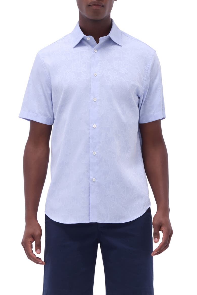 Orson Palm Tree Pattern Short Sleeve Button-Up Shirt, Main, color, AIR BLUE