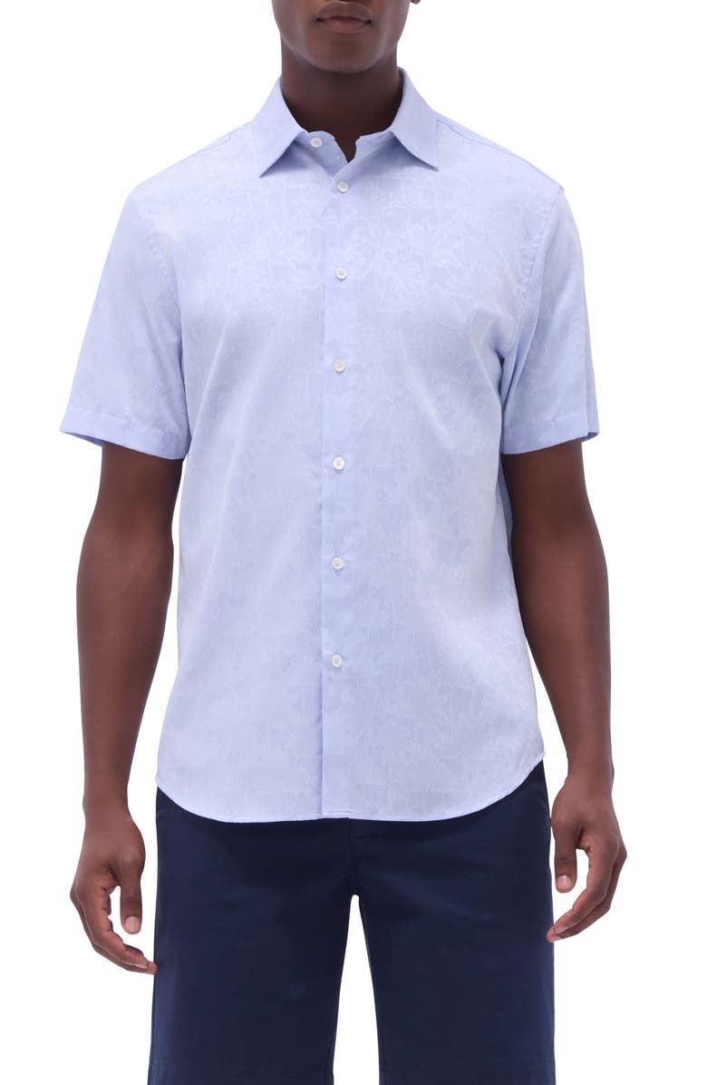 Bugatchi Orson Palm Tree Pattern Short Sleeve Button-Up Shirt, Main, color, Air Blue