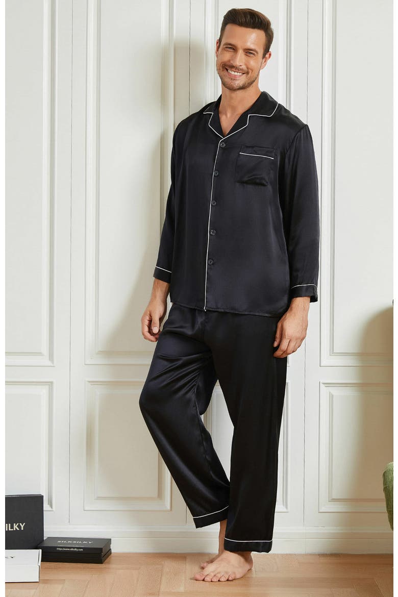 Silk Men's Lapel Long Sleeve Pajamas Set, Alternate, color, Black