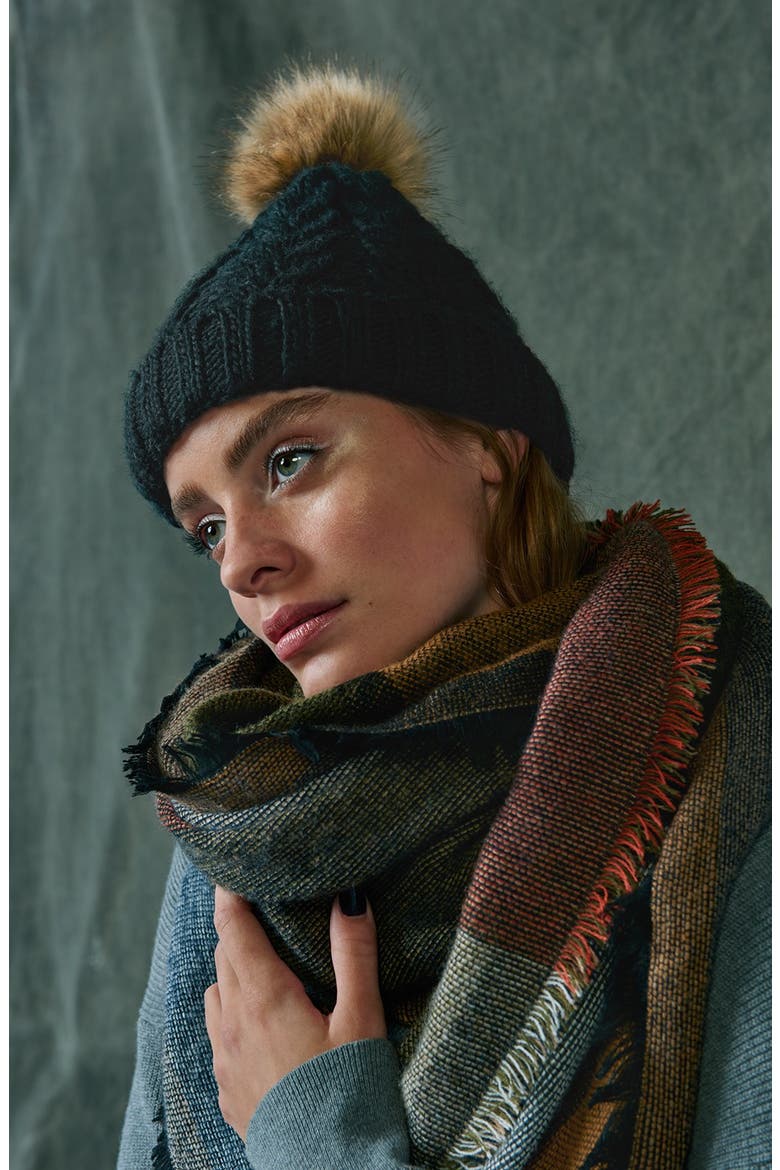 Knit Beanie with Faux Fur Pompom, Alternate, color, BLACK