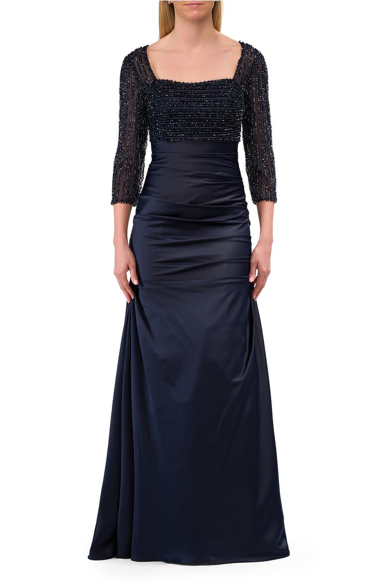 Beaded Bodice Satin Gown with Three-Quarter Sleeves, Alternate, color, Navy