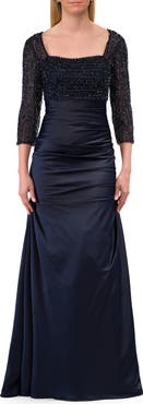 La Femme Beaded Bodice Satin Gown with Three-Quarter Sleeves