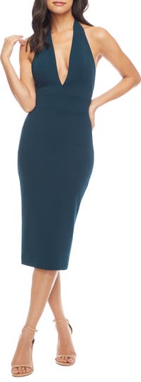 Dress The Population Women's Vanessa Halter Body-Con Midi Dress - Blue