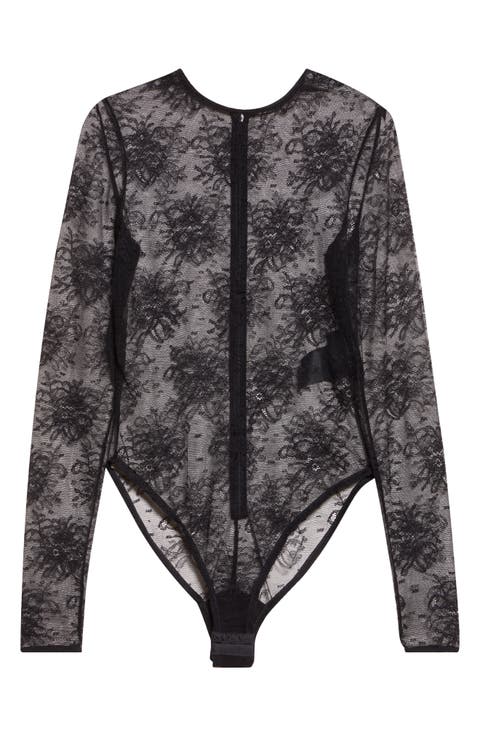 Long Sleeve Sheer Floral Lace Bodysuit