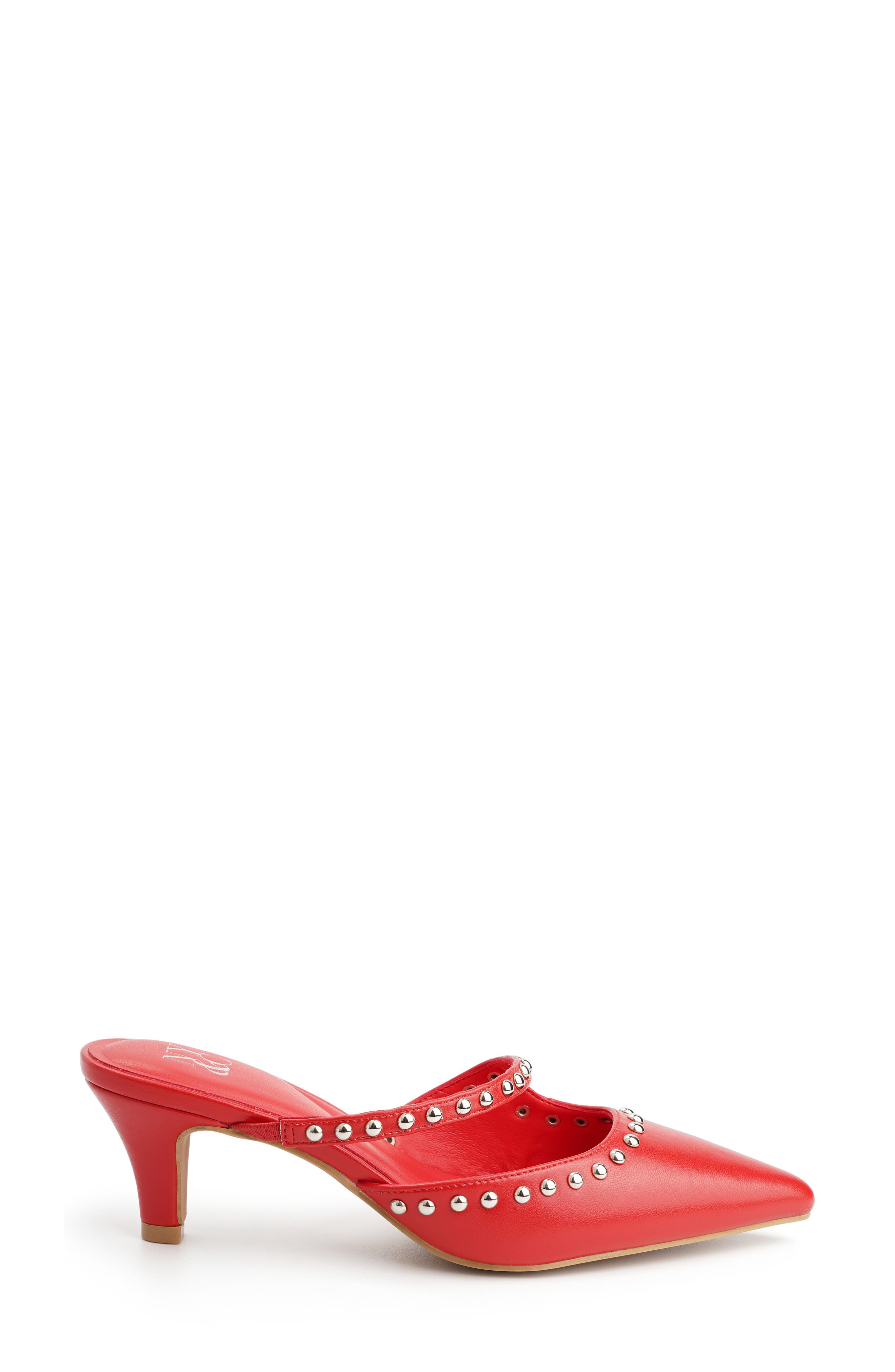 Natalie Studded Faux Leather Heeled Mule, Alternate, color, RED