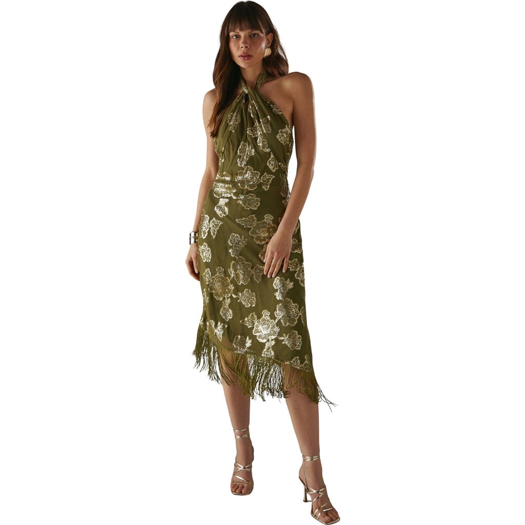 Warehouse Metallic Chiffon Wrap Front Midi Dress In Green