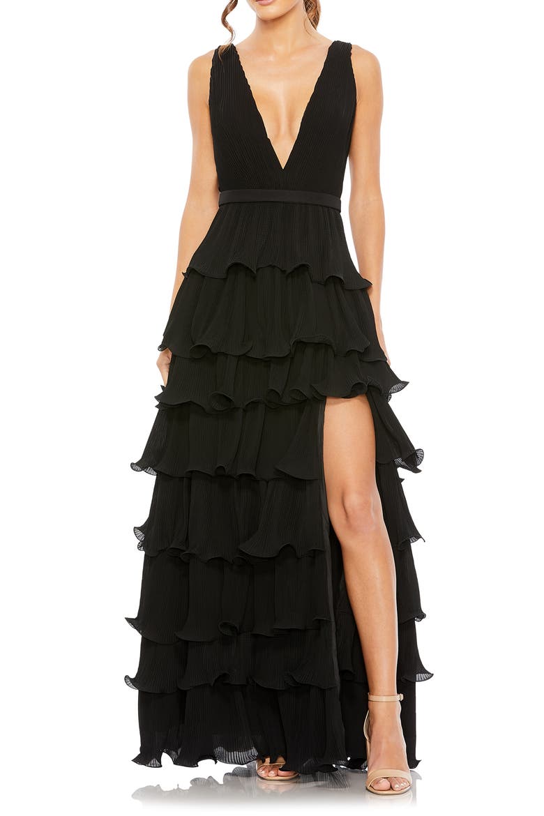 Sleeveless Ruffle Tiered V Neck Gown, Main, color, BLACK
