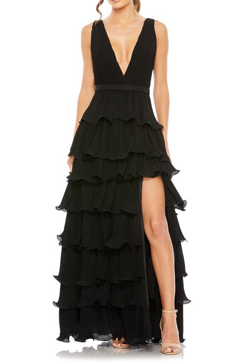 Sleeveless Ruffle Tiered V Neck Gown