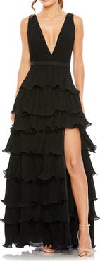 Ieena for Mac Duggal Sleeveless Ruffle Tiered V Neck Gown