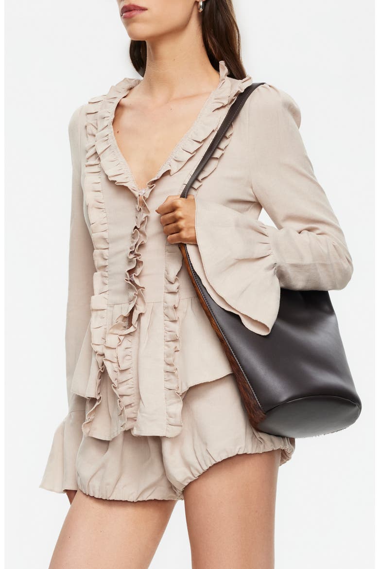Odette Ruffle Bell Sleeve Tie Back Linen Blend Top, Alternate, color, BEIGE