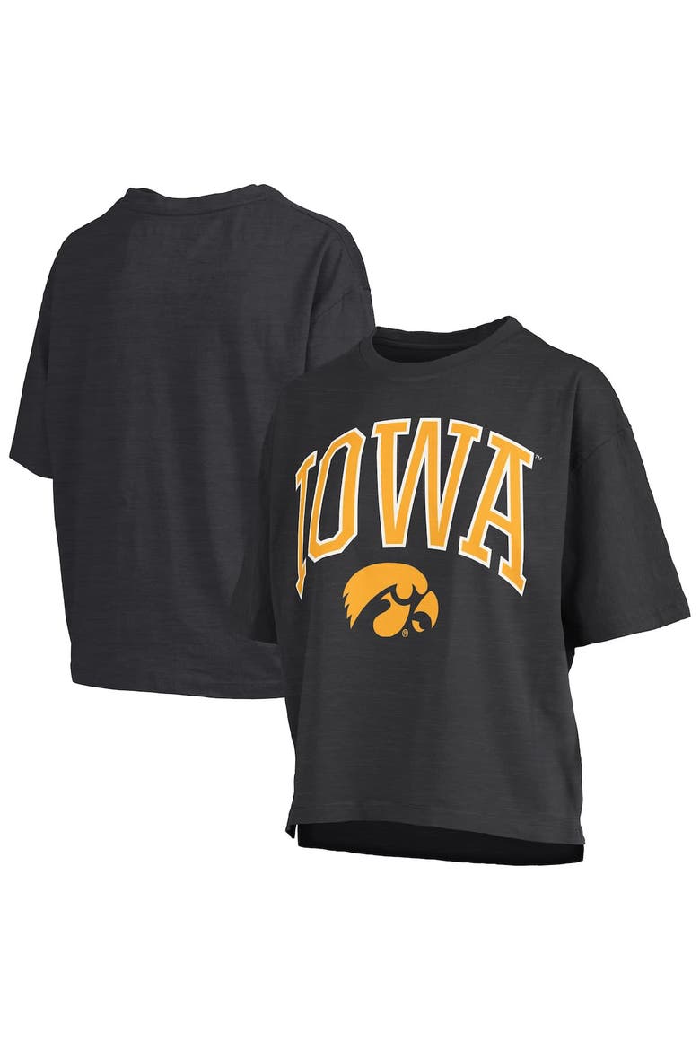 Women's Pressbox Black Iowa Hawkeyes Nelson Arch Over Logo Waist Length Oversized Slub T-Shirt, Alternate, color, Black