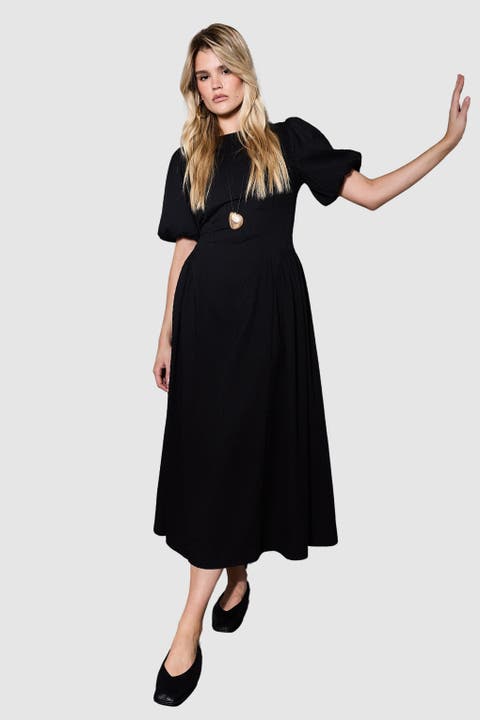Seersucker Puff Sleeve Midi Dress