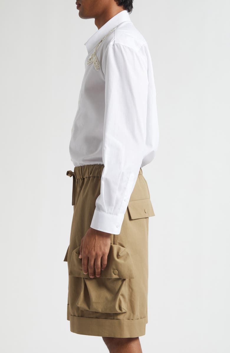 Simone Rocha Embellished Hare Classic Fit Cotton Button-Up Shirt, Alternate, color, White/ Pearl/ Clear