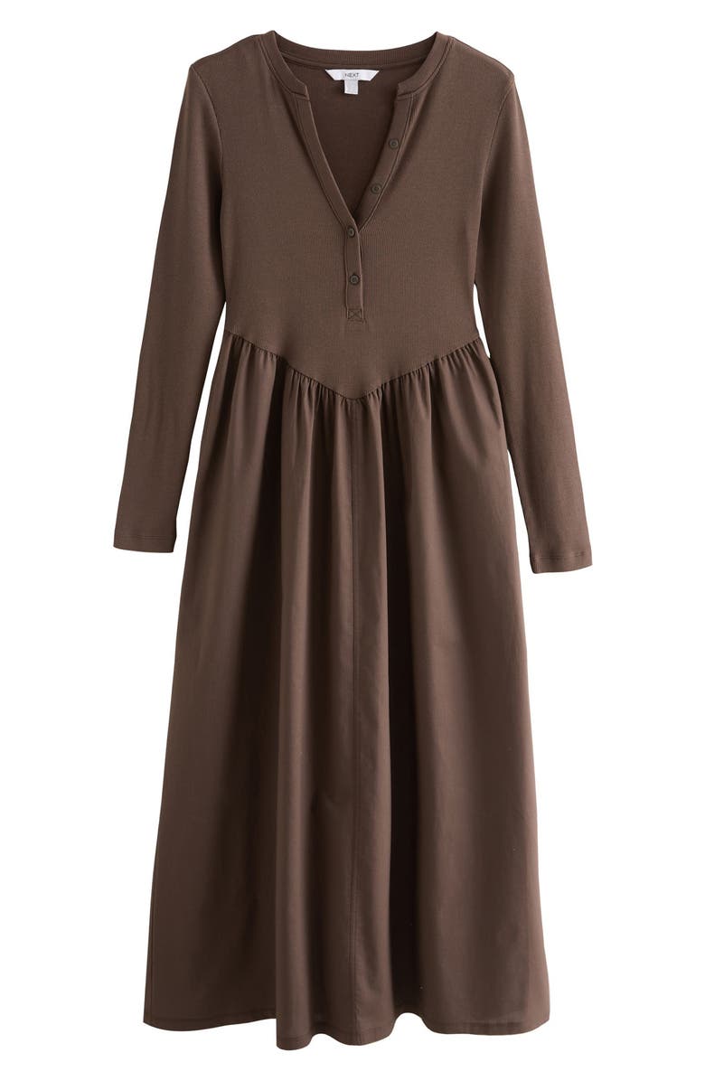 NEXT Long Sleeve Mixed Media Midi Dress, Main, color, Brown
